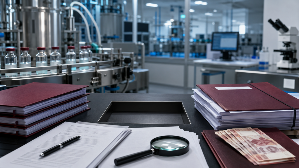 Expedientes, documentos y una lupa frente a una planta de producción de vacunas.