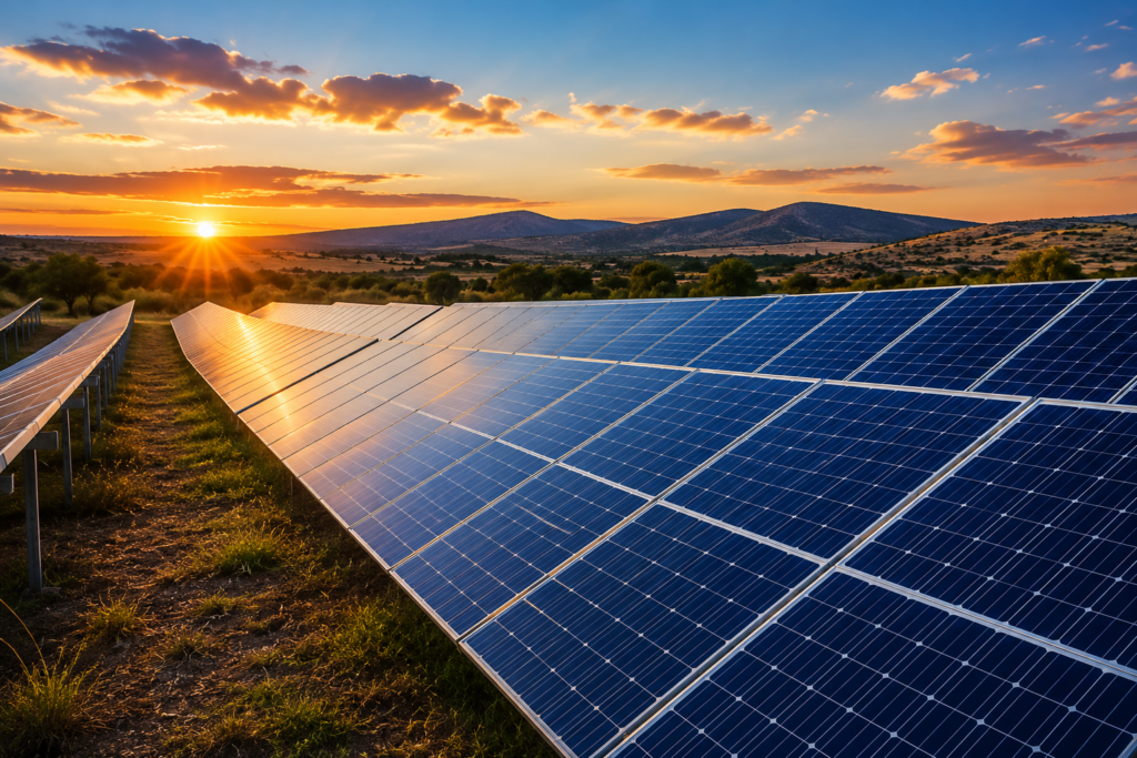 Ilustración de un parque fotovoltaico con filas de paneles solares instalados sobre terreno abierto, iluminados por la luz del atardecer, como representación de un proyecto de generación de energía solar.