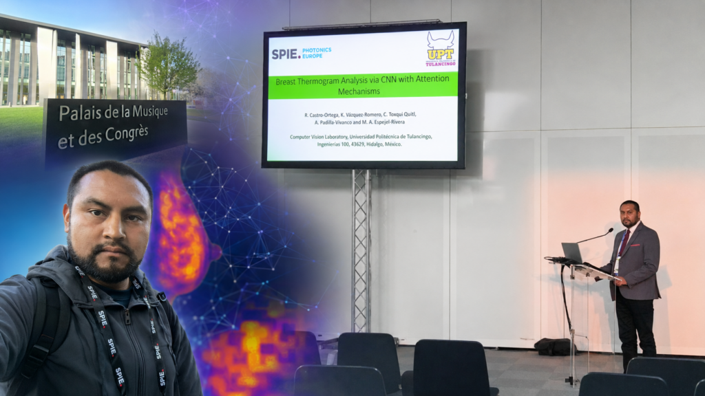 Investigador Raúl Castro Ortega durante su participación en SPIE Photonics Europe 2026, acompañado de una representación de termografía e inteligencia artificial.
