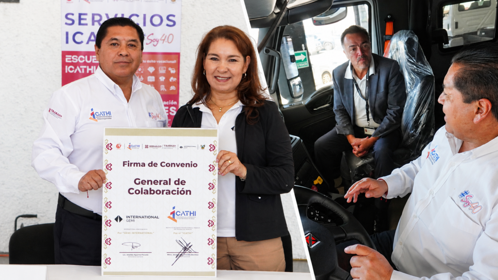 Representantes del Icathi y GEMI International muestran el convenio de colaboración, junto a una escena de capacitación dentro de la cabina de un tractocamión.
