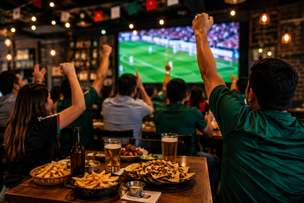 Personas observan un partido de futbol en una pantalla gigante dentro de un restaurante deportivo, donde el consumo de alimentos y bebidas acompañó la experiencia del Mundial.