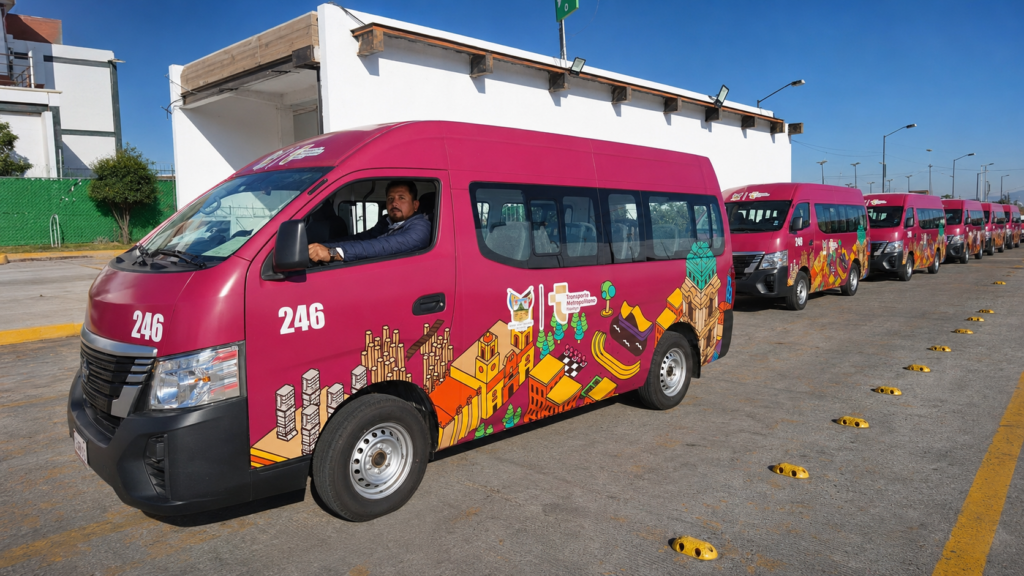 Vagoneta 246 del Transporte Metropolitano de Hidalgo frente a una fila de nuevas unidades destinadas a las rutas alimentadoras.
