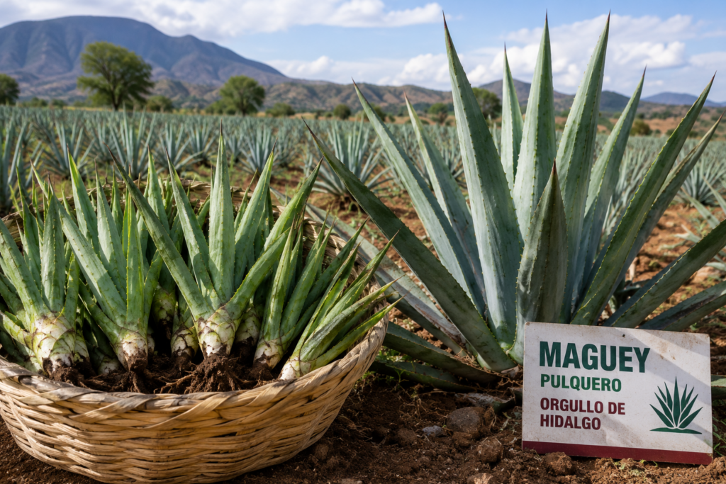 Hijuelos de maguey pulquero listos para su distribución en un cultivo hidalguense, con plantaciones al fondo que ilustran el impulso al campo y la expansión de este cultivo tradicional.
