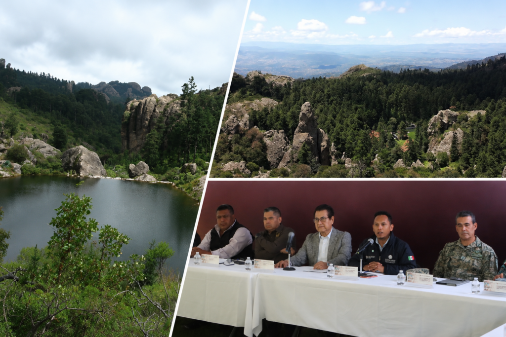 Collage con dos panorámicas del Parque Nacional El Chico y una conferencia de prensa donde autoridades ambientales y de seguridad presentan las acciones del operativo para prevenir incendios forestales y proteger esta área natural.