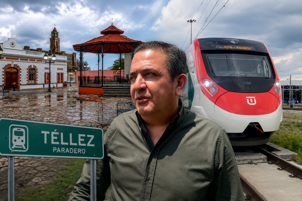 Imagen ilustrativa que muestra al alcalde de Zempoala frente a una composición con el kiosco del centro del municipio, la señal del paradero Téllez y un tren AIFA-Pachuca, en alusión a los proyectos de conectividad y desarrollo que buscan fortalecer el turismo y la movilidad en el Pueblo Mágico.