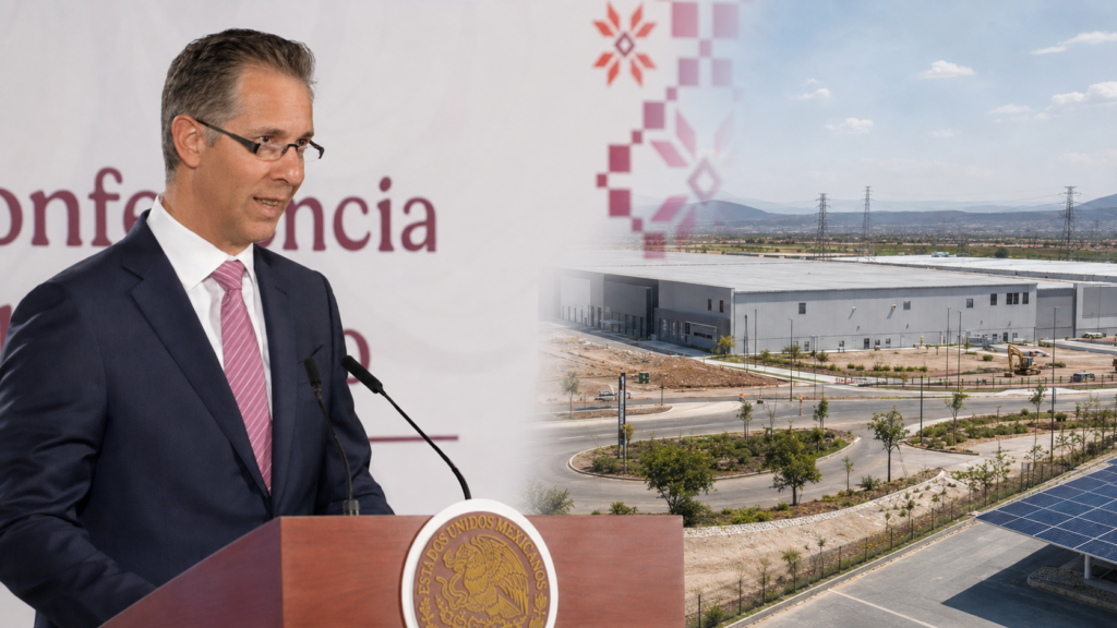 Germán Ahumada durante la conferencia matutina, junto a una representación del desarrollo industrial proyectado para el Polo de Bienestar de Zapotlán.