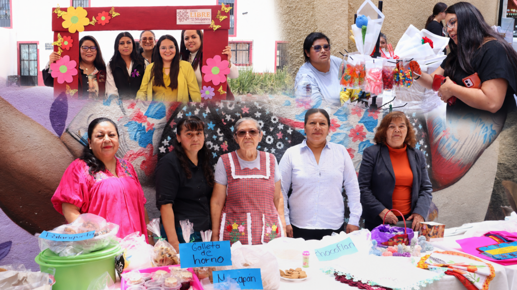 Mujeres emprendedoras exhiben alimentos, artesanías y otros productos durante un bazar organizado por los Centros LIBRE en Hidalgo.