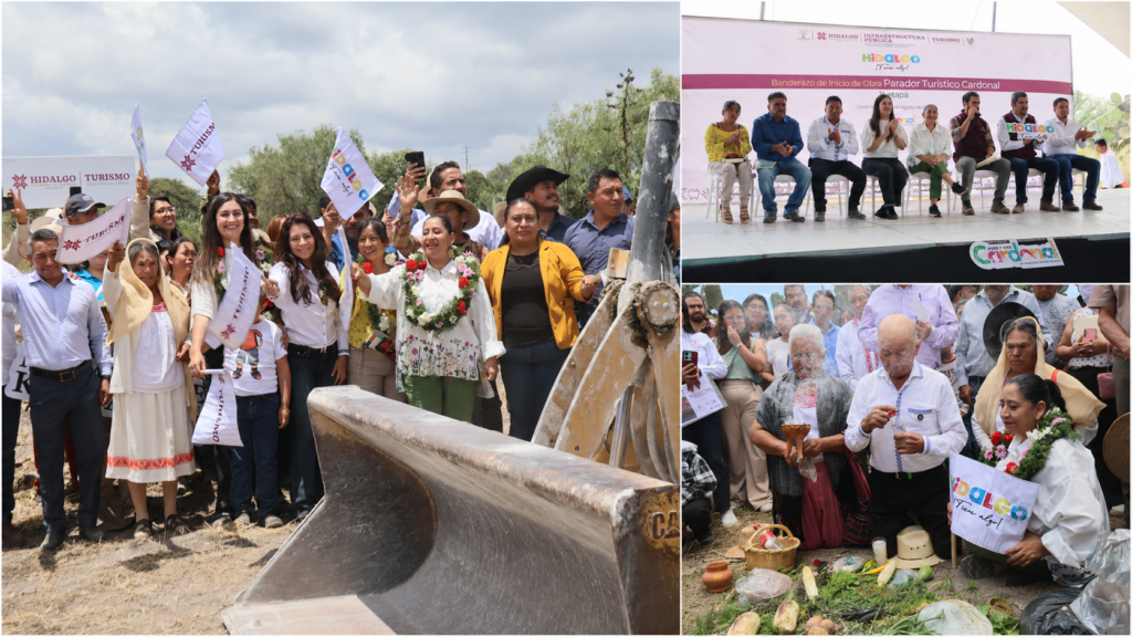 Autoridades y habitantes de Cardonal participan en el inicio de la construcción del nuevo parador turístico, junto a maquinaria y representantes comunitarios.
