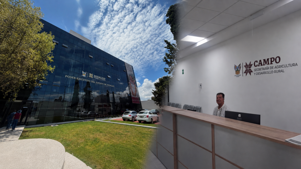Collage de la fachada del Centro Administrativo del Bienestar y Desarrollo Rural y el área de recepción de las nuevas oficinas de la Saderh en Pachuca.