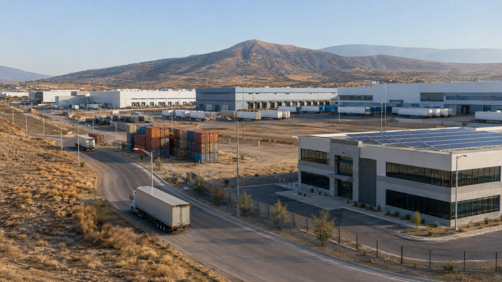 Complejo industrial y logístico con naves, camiones de carga, contenedores y edificio empresarial con paneles solares.