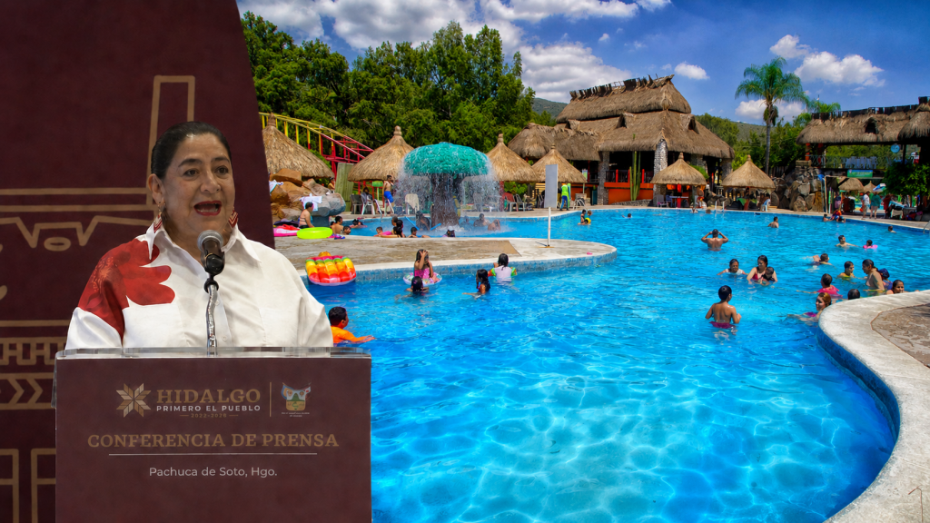 Elizabeth Quintanar Gómez durante la conferencia de prensa semanal del Gobierno de Hidalgo, junto a una imagen de familias y visitantes en un balneario.