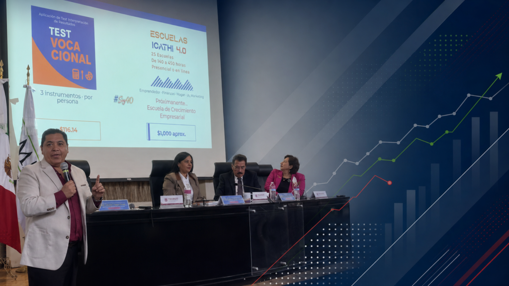 Jorge Acosta Benítez presenta la Escuela de Crecimiento Empresarial del Icathi durante el encuentro de vinculación con AMMJE Pachuca.