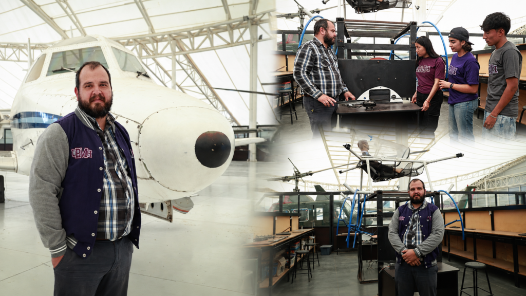 Mario Alejandro Vega Navarrete frente a una aeronave y junto a estudiantes y prototipos desarrollados en el hangar de Ingeniería Aeronáutica de la UPMH.