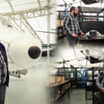 Mario Alejandro Vega Navarrete frente a una aeronave y junto a estudiantes y prototipos desarrollados en el hangar de Ingeniería Aeronáutica de la UPMH.
