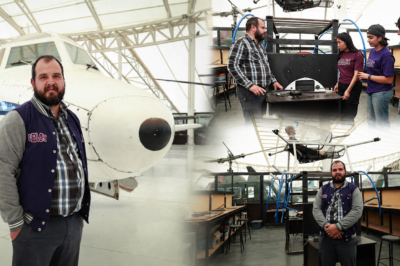 Mario Alejandro Vega Navarrete frente a una aeronave y junto a estudiantes y prototipos desarrollados en el hangar de Ingeniería Aeronáutica de la UPMH.