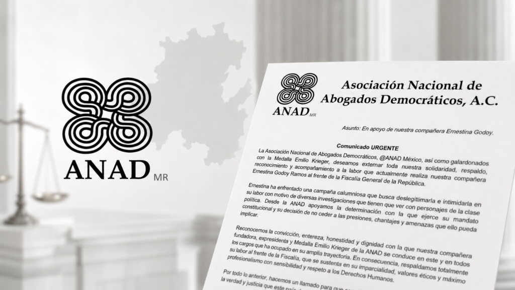 Comunicado de respaldo a Ernestina Godoy junto al emblema de la Asociación Nacional de Abogados Democráticos y elementos alusivos a la justicia.