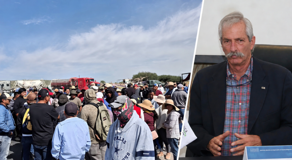 Collage de un bloqueo carretero en el Valle del Mezquital y de Jorge González Corona, presidente del Consejo Coordinador Empresarial de Hidalgo.