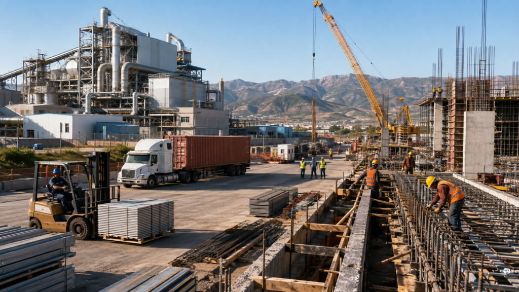Complejo industrial y obra en construcción con trabajadores, maquinaria pesada, transporte de carga y una fábrica en operación.