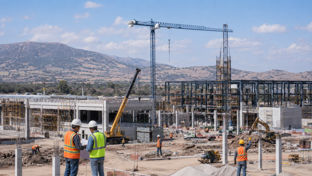 Trabajadores con cascos y chalecos de seguridad realizan labores en una obra de construcción con grúas, maquinaria y estructuras en proceso.