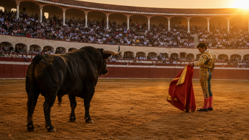 Toro de lidia frente a un torero con capote rojo en el ruedo de una plaza llena de espectadores.