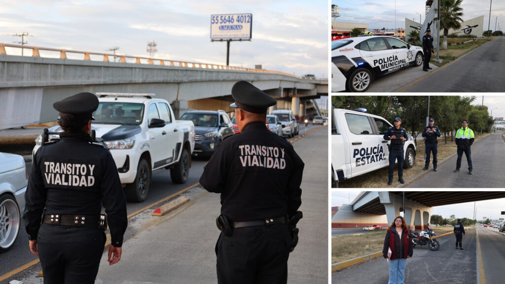 Elementos de Tránsito y Vialidad, policías estatales y personal del Sitmah vigilan el carril exclusivo del Transporte Metropolitano en Pachuca.
