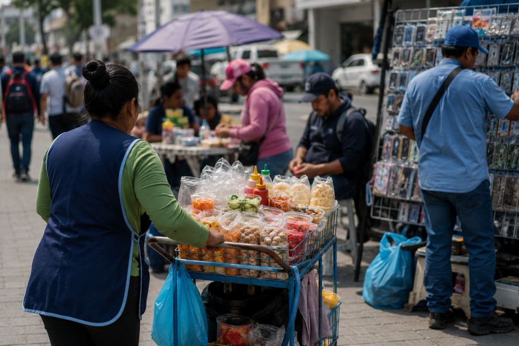 Vendedora ambulante ofrece alimentos desde un carrito, junto a otros comerciantes informales en una calle.