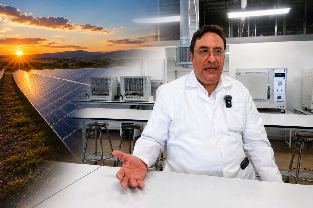 Investigador de la UAEH en un laboratorio, acompañado de una composición con paneles solares al atardecer.