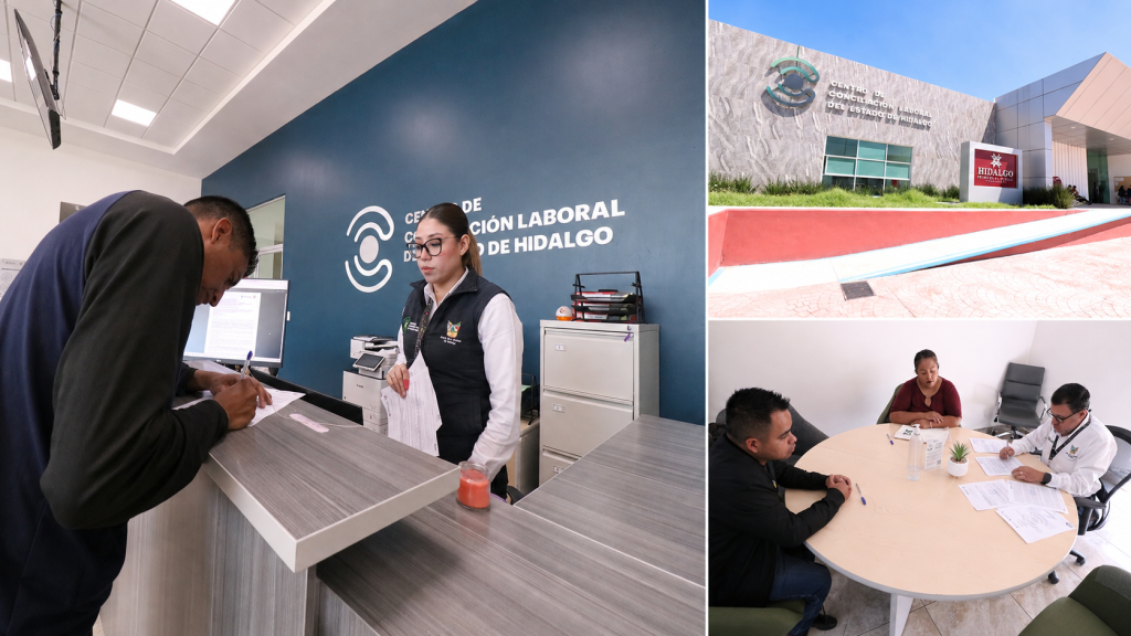 Fachada del Centro de Conciliación Laboral de Hidalgo, atención a una persona trabajadora y reunión para alcanzar un acuerdo laboral.