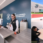 Fachada del Centro de Conciliación Laboral de Hidalgo, atención a una persona trabajadora y reunión para alcanzar un acuerdo laboral.
