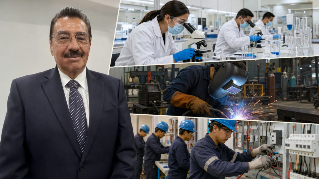 Óscar Javier González Hernández junto a escenas de capacitación en laboratorio, soldadura y trabajos eléctricos industriales.