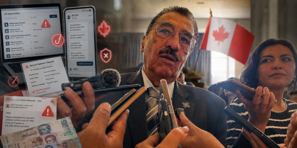 Secretario del Trabajo de Hidalgo durante una entrevista, acompañado de elementos alusivos a falsas ofertas laborales en Canadá, solicitudes de depósito y alertas de fraude.
