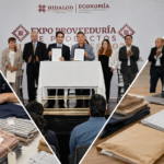 Collage de la firma del convenio entre la Sedeco y SHEIN, acompañado de una máquina de coser, prendas textiles, paquetes y plataformas de comercio electrónico.