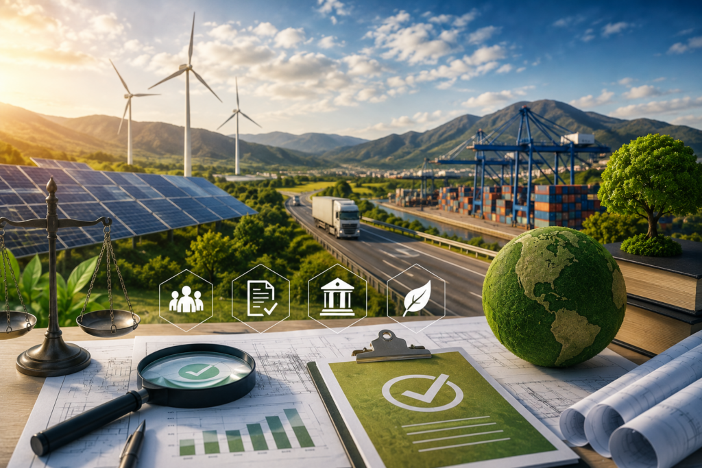 Imagen conceptual sobre inversión y desarrollo sostenible, con paneles solares, aerogeneradores, transporte de carga, infraestructura logística y elementos que representan evaluación técnica y certeza jurídica.