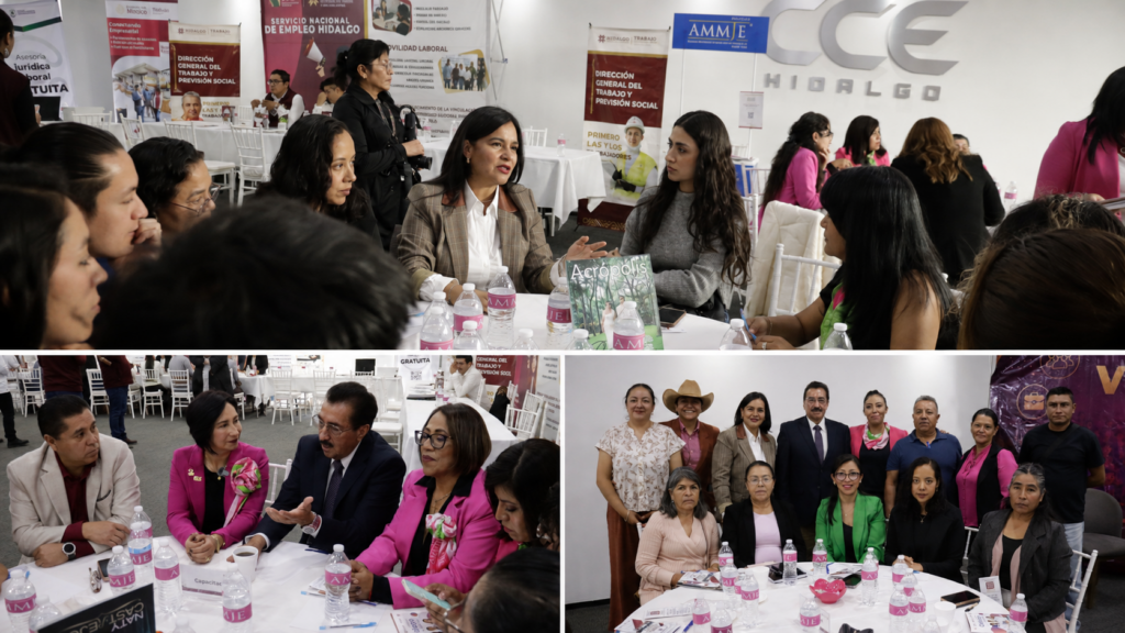 Collage del encuentro entre AMMJE Pachuca y la Secretaría del Trabajo de Hidalgo, con empresarias y autoridades participando en mesas de trabajo.