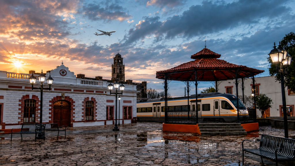 Vista de la plaza principal de Zempoala con su quiosco, un tren de pasajeros y un avión que representan la conexión turística con el AIFA.