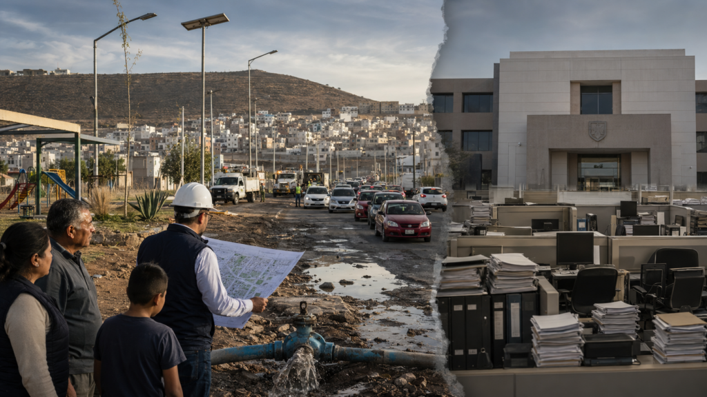 Composición sobre las carencias urbanas del sur de Pachuca, con fraccionamientos, tráfico, vialidades deterioradas, una fuga de agua, habitantes y oficinas municipales.