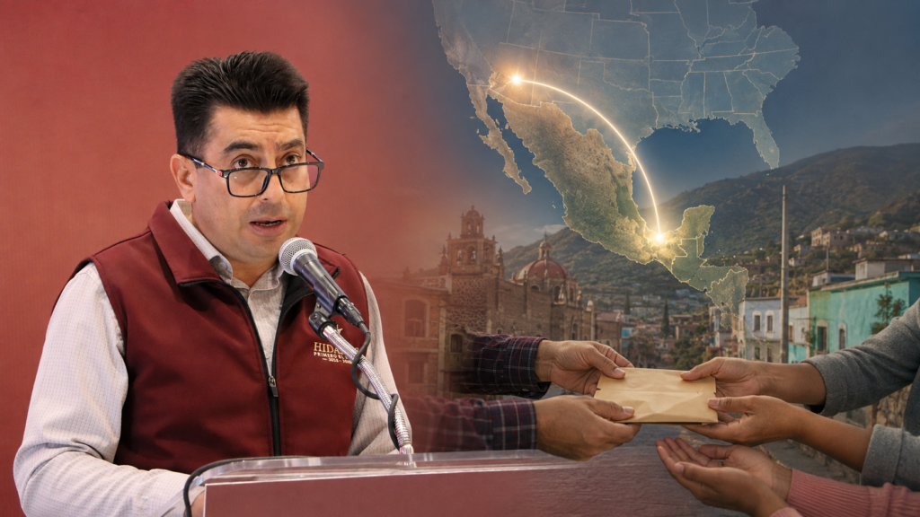 Ricardo Gómez Moreno durante una conferencia de prensa, acompañado de una representación del envío de remesas desde Estados Unidos hacia comunidades de Hidalgo.