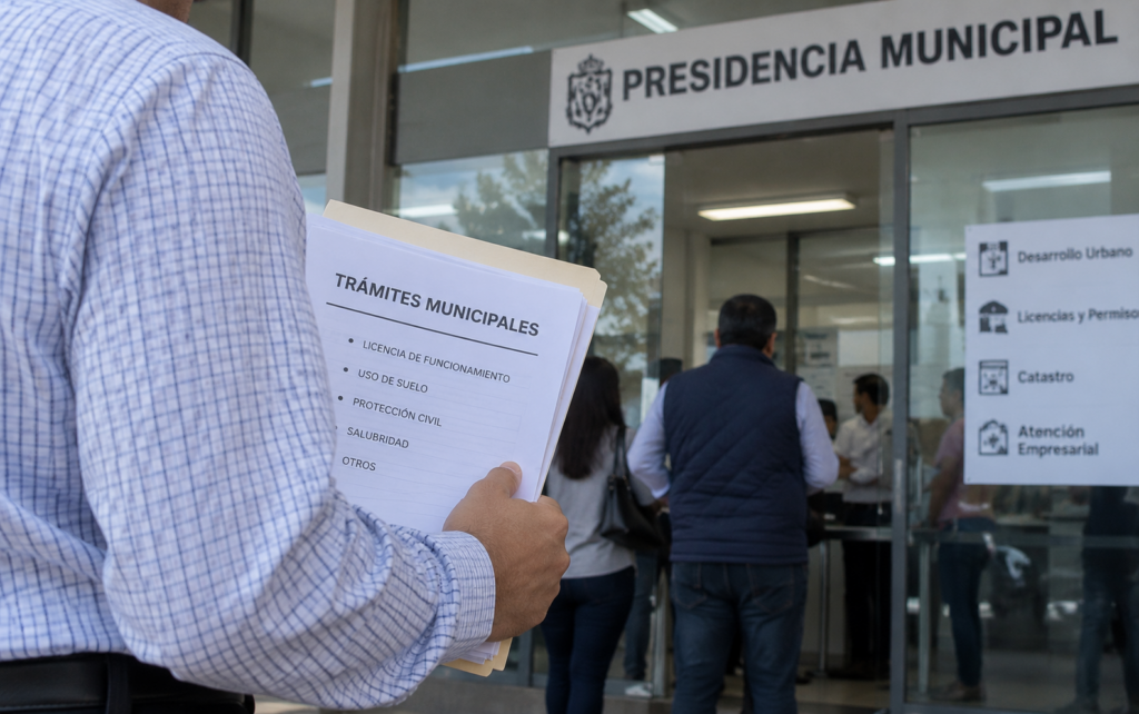 Persona realiza trámites empresariales en una presidencia municipal, con documentos relacionados con licencias de funcionamiento, uso de suelo y Protección Civil.