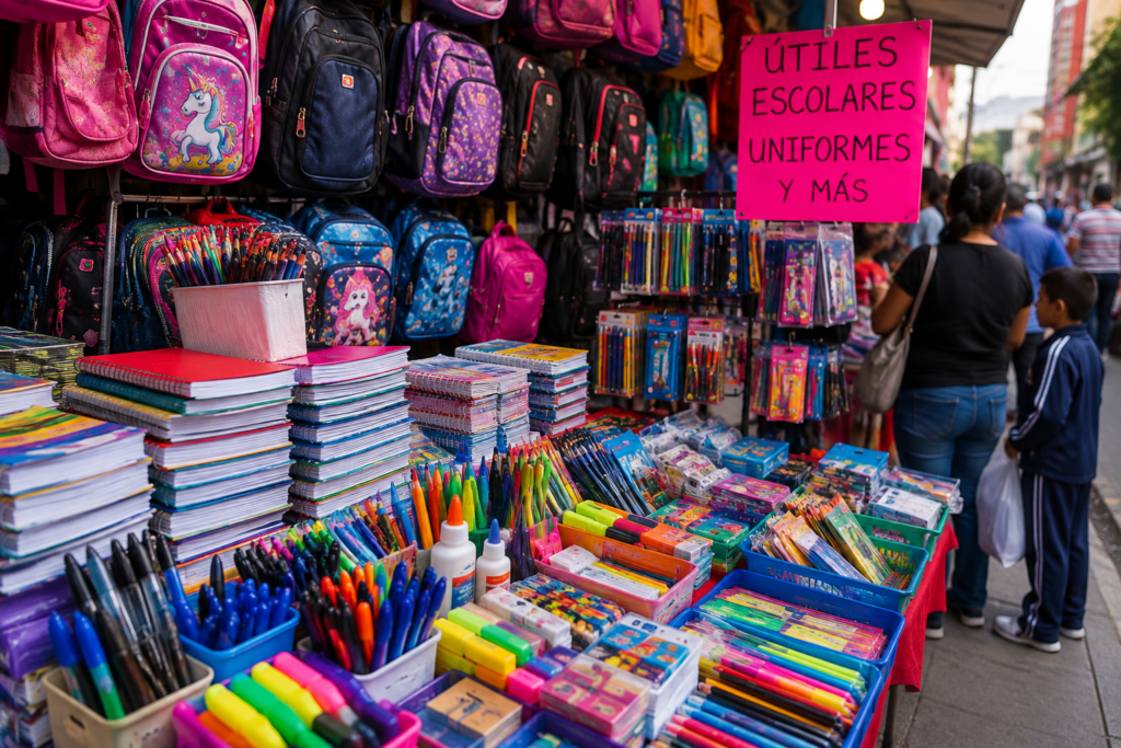 Puesto de comercio popular con mochilas, cuadernos, lápices, colores y otros útiles escolares exhibidos para la temporada de regreso a clases.
