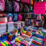 Puesto de comercio popular con mochilas, cuadernos, lápices, colores y otros útiles escolares exhibidos para la temporada de regreso a clases.